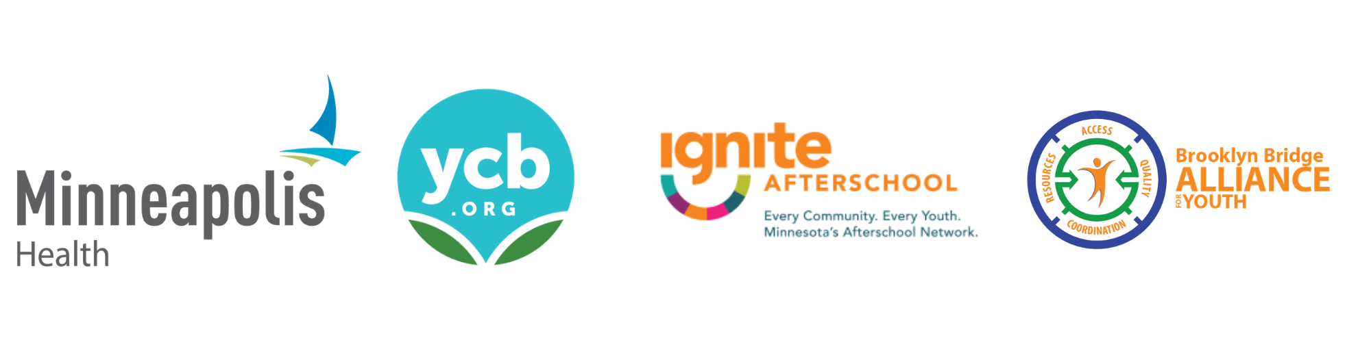 Minneapolis Health, YCB, Ignite Afterschool, and Brooklyn Bridge Alliance for Youth logos